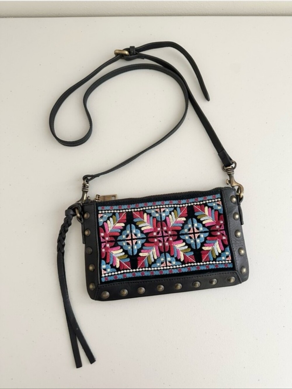 Johnny Was Embroidered Crossbody Bag Boho Studded Leather Festival Purse Indie